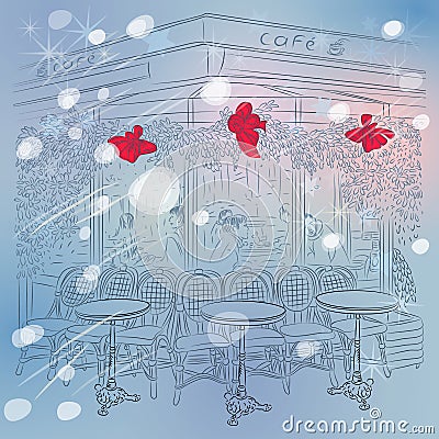 Vector Christmas winter sketch of the Parisian caf Vector Illustration