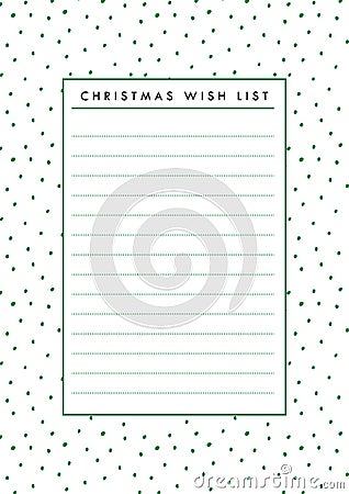 Vector Christmas wish list blank paper. Printable Holidays template for gifts list with polka dot winter seamless pattern Stock Photo