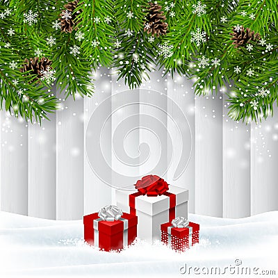 Vector Christmas wooden background with red giftboxes Cartoon Illustration