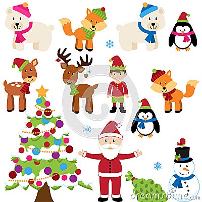 Vector Christmas Woodland and Forest Animals Vector Illustration