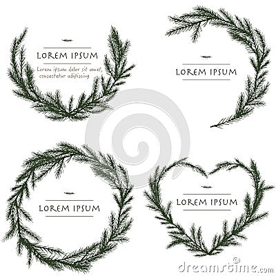 Vector christmas wreath set with pine hand drawn circle background with tree for greeting cards Vector Illustration