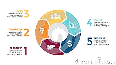 Vector circle arrows infographic, cycle diagram, graph, presentation chart. Business concept with 5 options, parts Vector Illustration