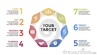 Vector circle arrows infographic, cycle diagram, graph, presentation chart. Business concept with 7 options, parts Vector Illustration