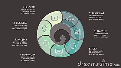 Vector circle arrows infographic, cycle diagram, graph, presentation chart. Business concept with 7 options, parts Vector Illustration