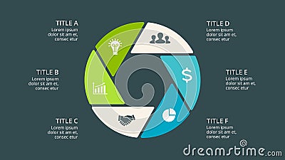 Vector circle arrows infographic, cycle diagram, hexagon graph, presentation chart. Business concept with 6 options Vector Illustration