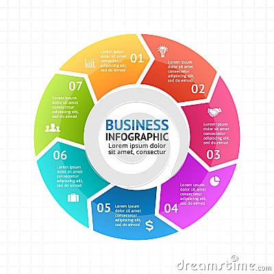 Vector circle arrows infographic, diagram, graph, presentation, chart. Business cycle concept with 7 options, parts Vector Illustration