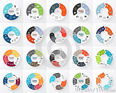 Vector circle arrows infographics set. 3, 4, 5, 6 options, parts, steps. Template for cycle diagram, graph, puzzle Vector Illustration