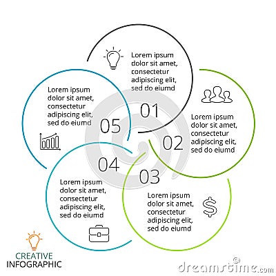 Vector circle arrows linear infographic, cycle diagram, minimal graph, flat presentation chart. Business concept with 5 Vector Illustration