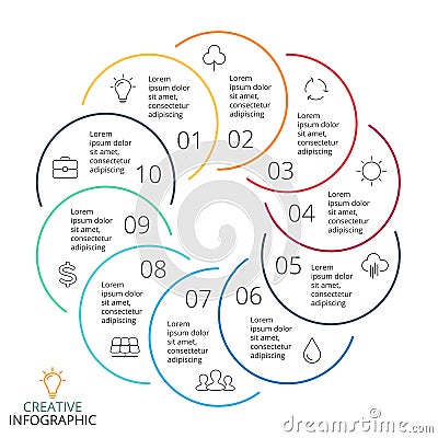 Vector circle arrows linear infographic, cycle diagram, minimal graph, flat presentation chart. Business concept with 10 Vector Illustration