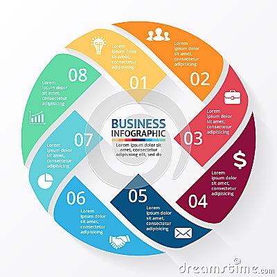 Vector circle arrows X infographic, diagram, graph, presentation, chart. Business cycle concept with 8 options, parts Vector Illustration