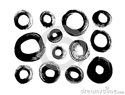 Vector circle black paint brush strokes collection. Calligraphy round smears, stamp, lines. Vector Illustration