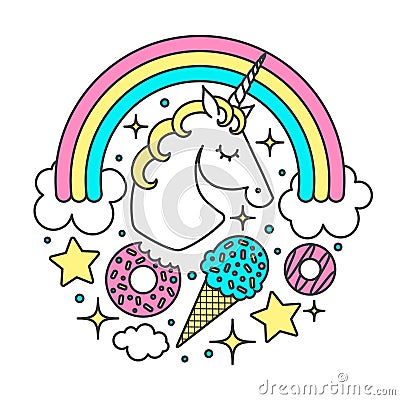 Vector circle composition with unicorn, rainbow, clouds, stars, ice cream, donuts. Cartoon style character Vector Illustration