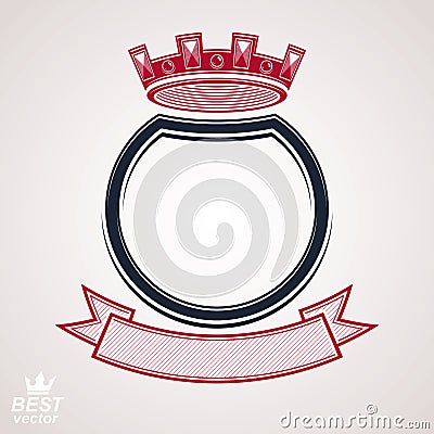 Vector circle with 3d decorative royal crown and festive ribbon, luxury coat of arms. Heraldic coronet symbol, best for graphic Vector Illustration