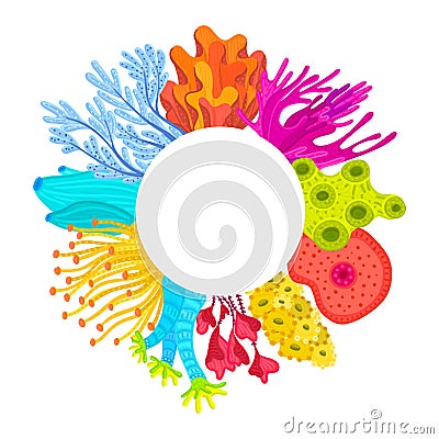 Vector circle frame with corals. Colorful sea or ocean life Vector Illustration