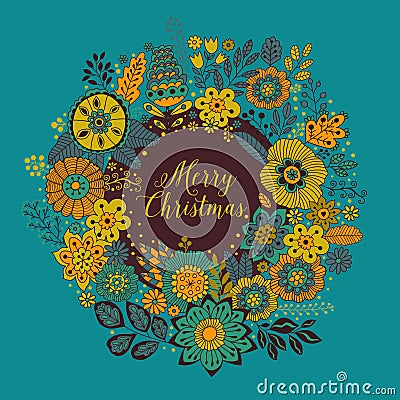 Vector circle frame, Merry Christmas wreath made of flowers. Vector Illustration