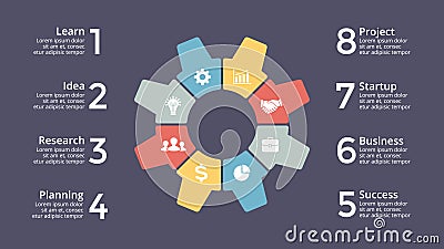 Vector circle gear infographic, cycle diagram, mpdel graph, presentation chart. Business system gear concept with 8 Vector Illustration