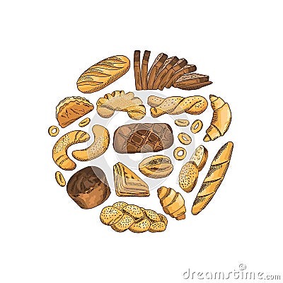 Vector circle hand drawn bakery elements illustration Vector Illustration