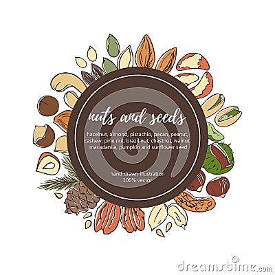 Vector circle label template with doodle nuts and seeds Vector Illustration