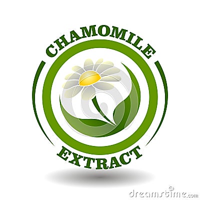 Vector circle logo Chamomile Extract with daisy white flower and green leaves symbol in round pictogram for organic cosmetics sign Vector Illustration