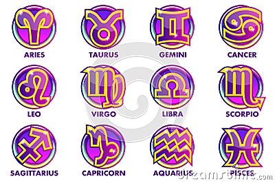 Vector circles purple astrology Signs, 12 Zodiac symbols. App icons for Ui Vector Illustration