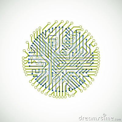 Vector circuit board circle, digital technologies abstraction. Green and blue computer microprocessor scheme. Vector Illustration