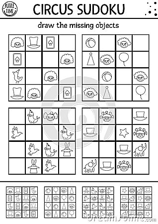 Vector circus black and white sudoku puzzle for kids with pictures. Simple line amusement show quiz. Education activity or Vector Illustration