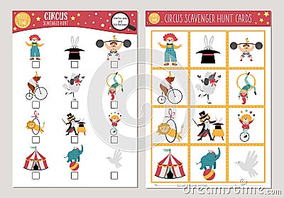 Vector circus scavenger hunt cards set. Seek and find game with cute clown, marquee, stage performers for kids. Amusement show Vector Illustration