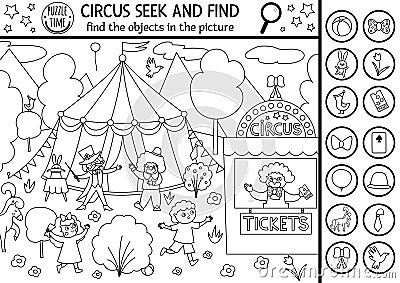 Vector circus searching black and white game with amusement show marquee, clown. Spot hidden objects in the picture. Simple line Vector Illustration