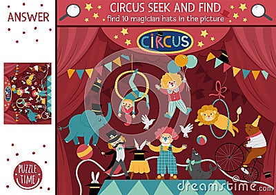 Vector circus searching game with amusement show scene and artists. Spot hidden magician hats in the picture. Simple festival Vector Illustration