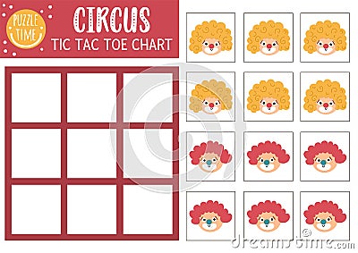 Vector circus tic tac toe chart with clown faces. Amusement show board game playing field with funny performers. Street show Vector Illustration