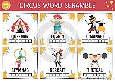 Vector circus word scramble square cards. English language game with marquee, clown, athlete for kids. Amusement holiday family Vector Illustration