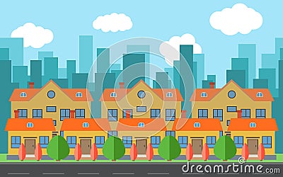 Vector city with cartoon houses and buildings. City space with road on flat style background concept Vector Illustration