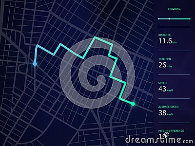 Vector city map with route and data interface for gps navigation and tracker app Vector Illustration