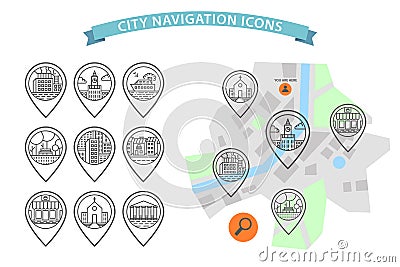 Vector city navigation icons set Vector Illustration