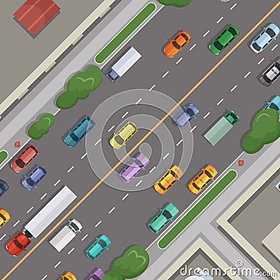 Vector city road with cars with buildings, grass and trees on sidelines top view illustration Vector Illustration