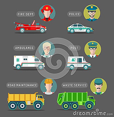 Vector city service infographics in flat style. Urban municipal transport with different professions men icons. Vector Illustration