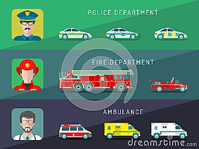 Vector city service infographics in flat style. Urban municipal transport with different professions men icons. Vector Illustration