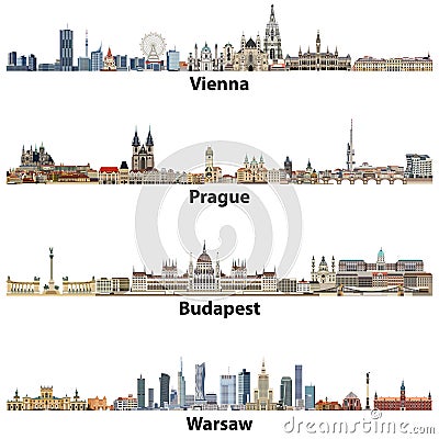 Vector city skylines of Vienna, Prague, Budapest and Warsaw Vector Illustration