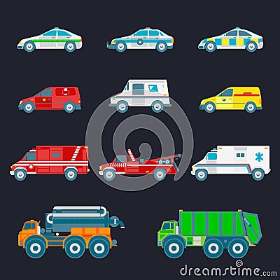 Vector city transport set in flat style. Different municipal, special and emergency services trucks icons collection. Vector Illustration