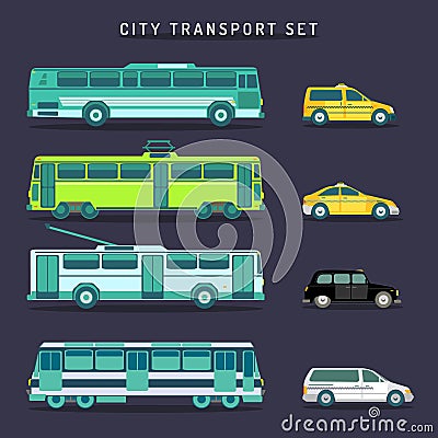 Vector city transport set in flat style. Urban vehicles infographics. Municipal bus, tram, train, trolleybus,taxi icons. Vector Illustration