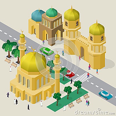 Vector cityscape in arabian style. Set of isometric buildings, mosque, minarets, fortress gate, roadway, benches, trees, cars and Vector Illustration