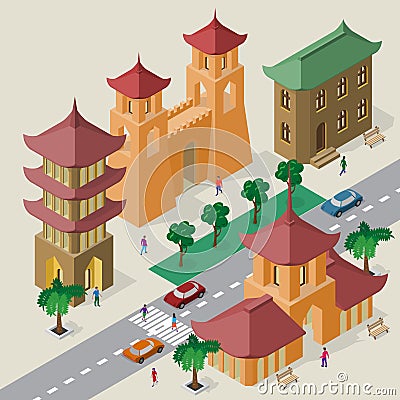 Vector cityscape in east asia style. Set of isometric buildings, pagoda, fortress gate with towers, roadway, benches, trees, cars Vector Illustration