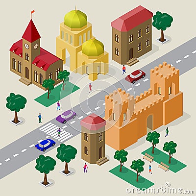 Vector cityscape in European style. Set of isometric buildings, church, fortress gate with towers, roadway, benches, trees, cars Vector Illustration