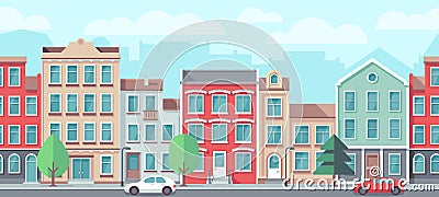 Vector cityscape with old apartment houses. Vector seamless town street Vector Illustration