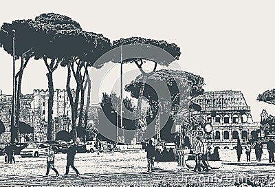 Vector cityscape of Rome street with pines and ruins of the Colosseum Vector Illustration