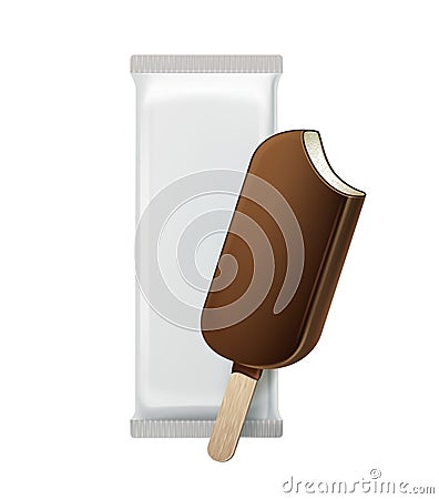 Vector Classic Bitten Popsicle Choc-ice Lollipop Ice Cream in Chocolate Glaze on Stick with White Plastic Foil Wrapper Vector Illustration