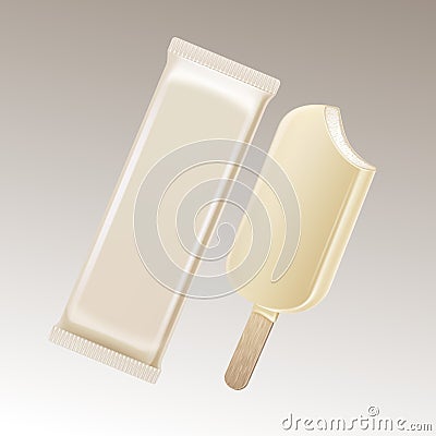 Vector Classic Bitten Popsicle Choc-ice Lollipop Ice Cream in White Chocolate Glaze on Stick with White Plastic Foil Vector Illustration