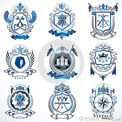 Vector classy heraldic Coat of Arms. Collection of blazons styli Vector Illustration