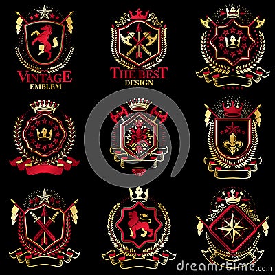 Vector classy heraldic Coat of Arms. Collection of blazons styli Vector Illustration