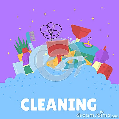 Vector cleaning flat icons with bubbles Vector Illustration